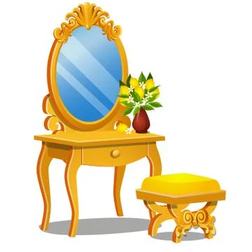 A vintage table for cosmetics, stool and a mirror with frame isolated on white Stock Illustration