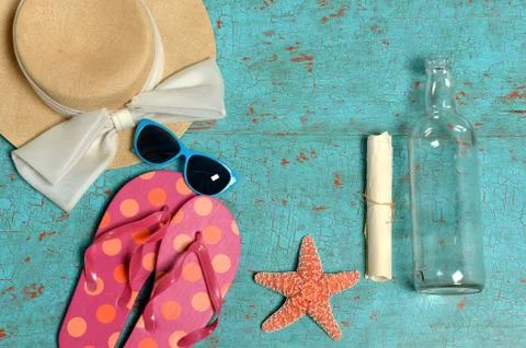 Vintage Table with Summer Objects Stock Photos