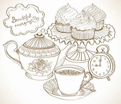 Vintage tea background, set for breakfast Stock Illustration