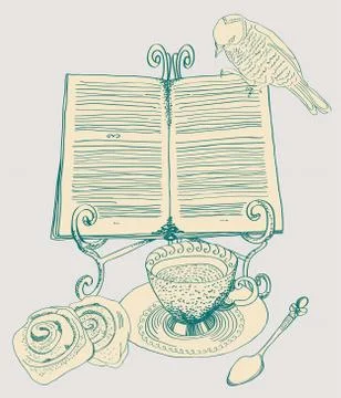 Vintage tea background, set for breakfast with book Stock Illustration