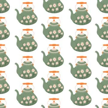 Vintage tea porcelain seamless pattern in flat style. Background with teapot for Stock Illustration