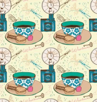 Vintage tea time background, seamless pattern Stock Illustration