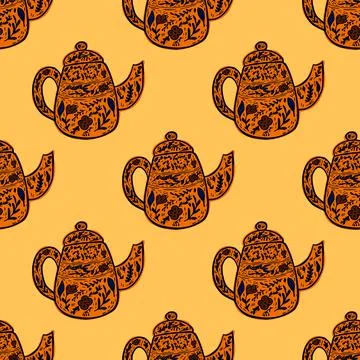 Vintage teapots seamless pattern. Background of teatime in hand drawn style. Stock Illustration