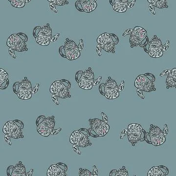 Vintage teapots seamless pattern. Background of teatime in hand drawn style. Stock Illustration