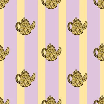 Vintage teapots seamless pattern. Background of teatime in hand drawn style. Stock Illustration