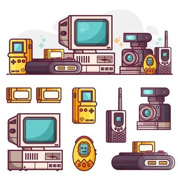 Vintage Tech and Electronic Devices Icons Set Stock Illustration