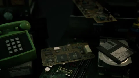 Vintage technology collection featuring circuit boards and retro devices Stock Footage 303807073