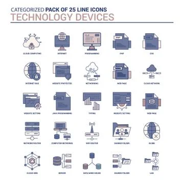 Vintage Technology Device Icon set - 25 Flat Line icon set Stock Illustration