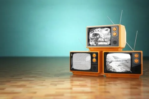 Vintage television concept. Stack of retro tv set on green background. Illustration