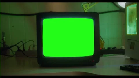 Vintage Television Set Green Background with Noise and Static. Zoom Out. You can Stock Footage