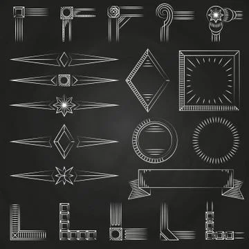 Vintage thin line shapes, frames corners on chalkboard Stock Illustration