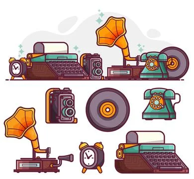 Vintage Things and Objects Line Art Icons Stock Illustration