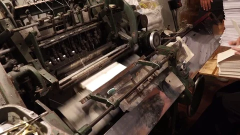 Vintage thread book sewing machine work – how to print book in old style technol Stock Footage 82729047