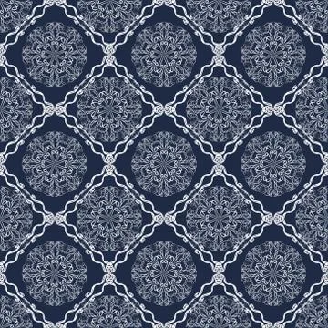 Vintage tile, geometric patterned dark blue vector background, white Stock Illustration