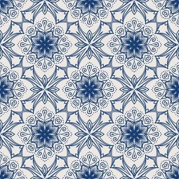 Vintage tile pattern. Seamless blue and white background with flower design Stock Illustration