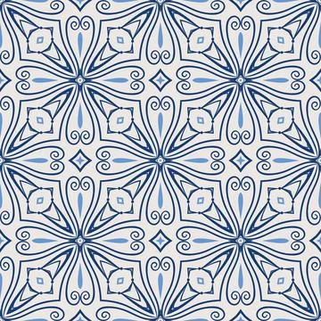 Vintage tile pattern. Seamless blue and white background with flower design Stock Illustration