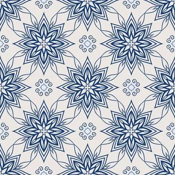 Vintage tile pattern. Seamless blue and white background with flower design Stock Illustration