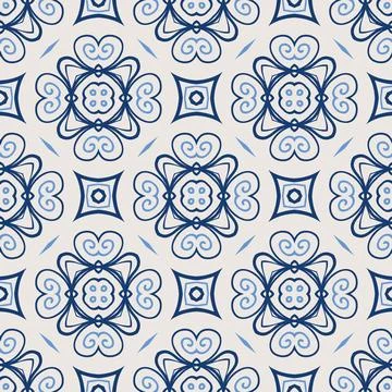 Vintage tile pattern. Seamless blue and white background with flower design Illustrazione stock