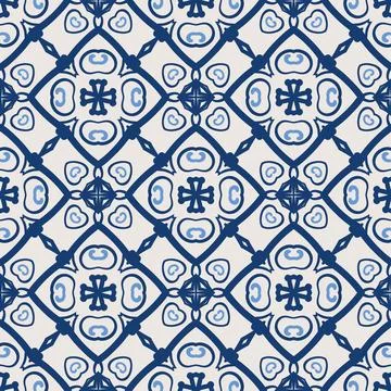 Vintage tile pattern. Seamless blue and white background with flower design Stock Illustration
