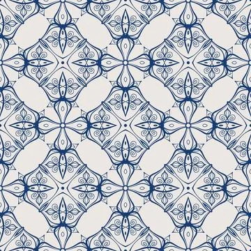 Vintage tile pattern. Seamless blue and white background with flower design Stock Illustration