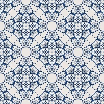 Vintage tile pattern. Seamless blue and white background with flower design Stock Illustration
