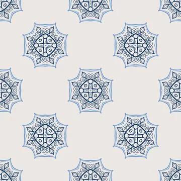 Vintage tile pattern. Seamless blue and white background with flower design Stock Illustration