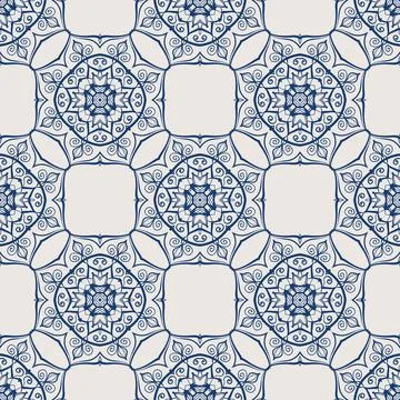 Vintage tile pattern. Seamless blue and white background with flower design Illustrazione stock