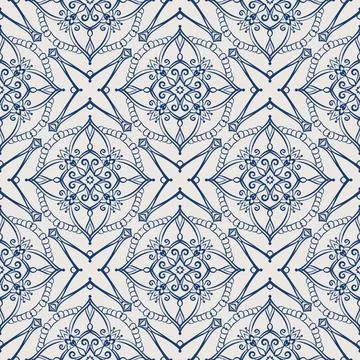 Vintage tile pattern. Seamless blue and white background with flower design Stock Illustration
