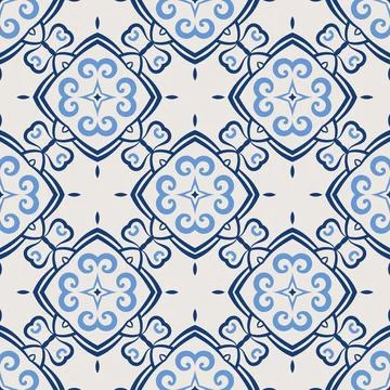 Vintage tile pattern. Seamless blue and white background with flower design Stock Illustration