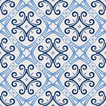 Vintage tile pattern. Seamless blue and white background with flower design Stock Illustration