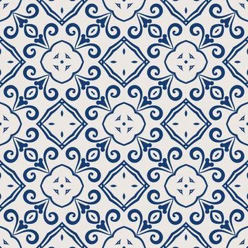 Vintage tile pattern. Seamless blue and white background with flower design Stock Illustration
