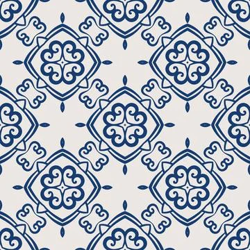Vintage tile pattern. Seamless blue and white background with flower design Illustrazione stock