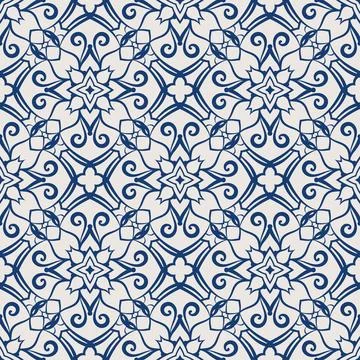Vintage tile pattern. Seamless blue and white background with flower design Stock Illustration