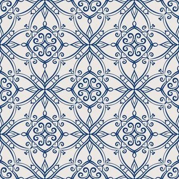 Vintage tile pattern. Seamless blue and white background with flower design Stock Illustration