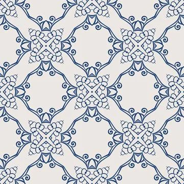 Vintage tile pattern. Seamless blue and white background with flower design Stock Illustration