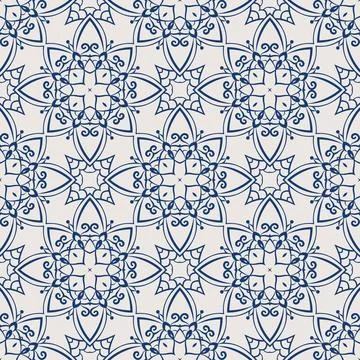 Vintage tile pattern. Seamless blue and white background with flower design Stock Illustration