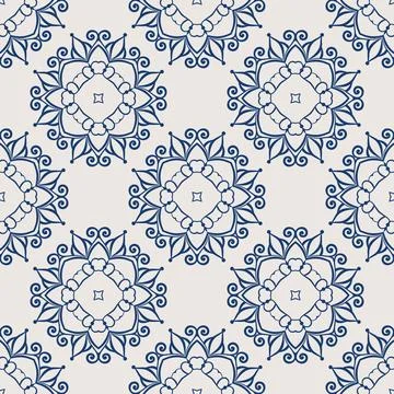 Vintage tile pattern. Seamless blue and white background with flower design Stock Illustration