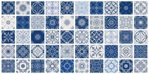 Vintage tile patterns set. Seamless blue and white background with flower design Stock Illustration