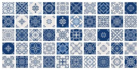 Vintage tile patterns set. Seamless blue and white background with flower design Stock Illustration
