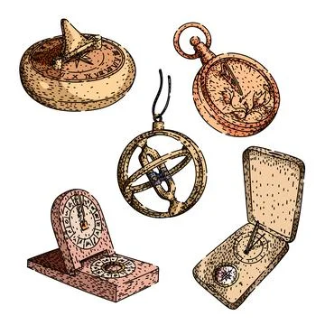 Vintage time telling and navigation instruments set Stock Illustration