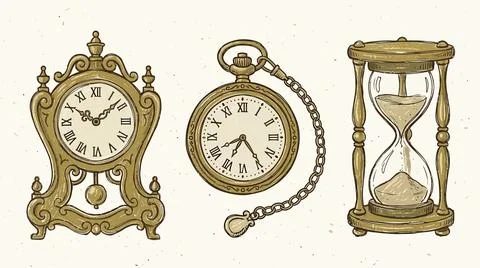 Vintage timekeeping instruments featuring mantle clock pocket watch and hou.. Stock Illustration