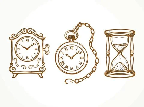 Vintage timekeeping objects sketched in brown ink on white background. Stock Illustration