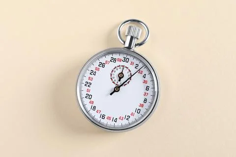 Vintage timer on beige background, top view. Measuring tool Foto stock