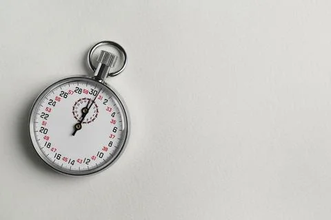 Vintage timer on light grey background, top view. Space for text Stock-Fotos