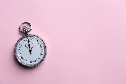 Vintage timer on pink background, top view. Space for text Stock Photos