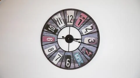 Vintage timer round old big retro wooden Clock in wall interior with large .. Stock Photos
