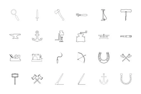 Vintage tools and craft objects black color set outline style image Stock Illustration