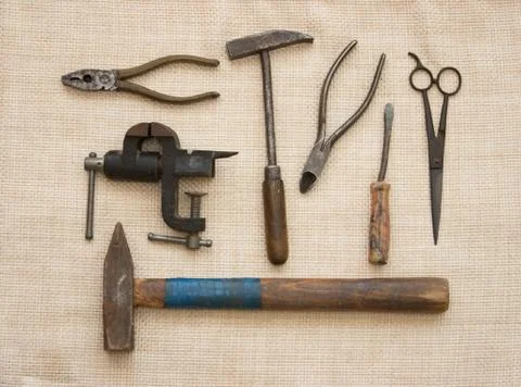 Vintage tools on a rough cloth Stock Photos