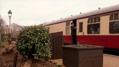 Vintage train and carriages by platform 스톡 동영상 73082731