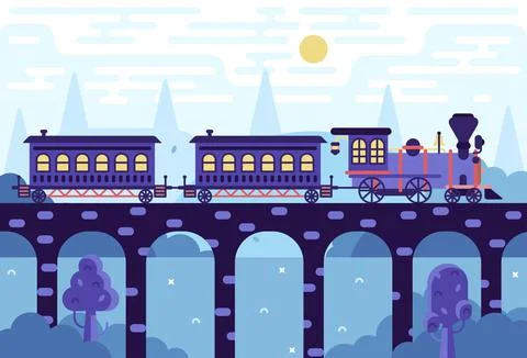 Vintage train on the bridge - vector cartoon illustration in flat stile Illustrazione stock